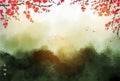 Landscape with sakura flowers, green misty forest mountains and flock of swallow birds in the sky. Traditional oriental Royalty Free Stock Photo