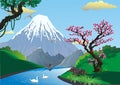 Landscape - Sakura on the river Bank. Mount Fuji. Fisherman on the river.