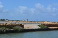 Landscape with salt mines and windmill at Marsala in Sicily Royalty Free Stock Photo