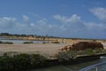 Landscape with salt mines and windmill at Marsala in Sicily Royalty Free Stock Photo