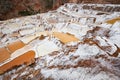 Landscape of the salt terraces of Maras Salineras de Maras in the Andes mountain range in the region of Cusco, Peru, Sacred