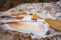 Landscape of the salt terraces of Maras Salineras de Maras in the Andes mountain range in the region of Cusco, Peru, Sacred