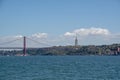 Landscape of Sanctuary of Christ the King Statue on a sunny summer day in Lisbon Portugal