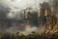 Landscape of sandstone cliffs in the national park of kenya, as seen from the corrupted desert lands below, a low cloud layer