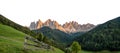 Landscape in Santa Maddalena or St. Magdalena isolated on white background Funes Valley, Dolomites, Italy Royalty Free Stock Photo