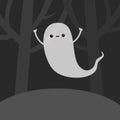 Landscape with scary tree forest scene. Flying ghost spirit in the dark. Happy Halloween. Cute cartoon kawaii spooky baby Royalty Free Stock Photo