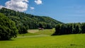 Landscape scene with agricultural field, trees, sky and clouds. Vevey, Switzerland Royalty Free Stock Photo