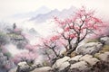 Landscape scene of beautiful plum blossom garden. Generative ai Royalty Free Stock Photo