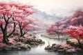 Landscape scene of beautiful plum blossom garden. Generative ai Royalty Free Stock Photo