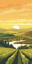 Vineyard Landscape At Sunset Vector Illustration