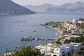 Port scenery in city Mirties on island Kalymnos, Greece with view on island Telendos.