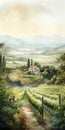 Tuscany Vineyards Road: Realistic Watercolor Painting Of Lush Grapevines