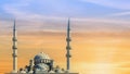 Islamic mosque with dome and two tower with background of sunrising Royalty Free Stock Photo