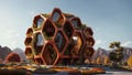 The Hive - brutalist building with hexagonal-pattern and lush vegetation faÃ§ade - Generative AI Illustratio