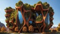 The Hive - brutalist building with hexagonal-pattern and lush vegetation faÃ§ade - Generative AI Illustratio