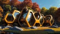 The Hive - brutalist building with hexagonal-pattern and lush vegetation faÃ§ade - Generative AI Illustratio