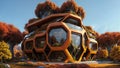 The Hive - brutalist building with hexagonal-pattern and lush vegetation faÃ§ade - Generative AI Illustratio