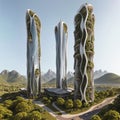 Sustainable skyscraper village masterplan in nature - Generative AI Illustration