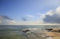 Landscape of sea, beach and cloudy sky which has sun beam Royalty Free Stock Photo