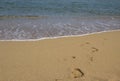 Footprints in the sand on the sea beach