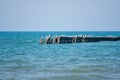 Landscape of sea, seagulls on a concrete Breakwater. Black Sea, Poti