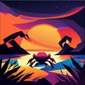 Landscape of the sea at sunset. Seascape with a crab. Vector illustration generative AI