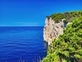 Landscape of sea view from the height of a mountain cliff. Uluwatu temple. Beautiful landscape with rocky shore. Landscape with Royalty Free Stock Photo