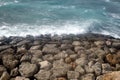 Landscape with seaea waves breaking of the big coastal stones Royalty Free Stock Photo