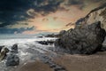 Landscape seascape of jagged and rugged rocks on coastline with