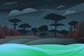 Landscape seashore. Dark night twilight. Sand beach near water. Coastal waves. Cartoon fun style. Flat design. Vector