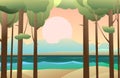 Landscape seashore. Sand beach near water. Coastal waves. Cartoon fun style. Flat design. Vector