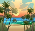 Landscape seashore. Sand beach near water. Coastal waves. Thickets of mature palms. Cartoon fun style. Flat design