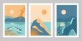 Set of abstract colorful landscape poster collection with sun, moon, star, sea, mountains, river, palm. Royalty Free Stock Photo