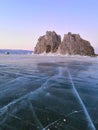 Landscape. Shaman Rock And Cape Burkhan in winter On the Island of Olkhon, around the ice Russia