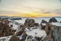 Shamanka rock at sunset,Lake Baikal, Siberia, Russia. Royalty Free Stock Photo