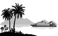 Landscape with Ship, Palms and Mountains Royalty Free Stock Photo