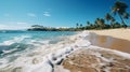 A landscape shot of a beach with waves crashing on the shore, sandy beaches, and clear blue skies Royalty Free Stock Photo