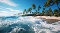 A landscape shot of a beach with waves crashing on the shore, sandy beaches, and clear blue skies Royalty Free Stock Photo