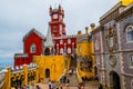 Landscape shot of the bright colorful buildings of Park and National Palace of Pena in Lisbon Royalty Free Stock Photo