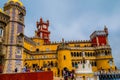 Landscape shot of the bright colorful buildings of Park and National Palace of Pena in Lisbon Royalty Free Stock Photo