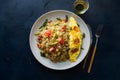 Landscape shot of fried rice with omelette in cinematic foodgraphy