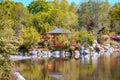 Landscape shot of a gazebo along the pond in the japanese garden at the Frederik Meijer Gardens in Grand Rapids Michigan