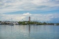 Landscape shot of the Hope Town lighthouse on Elbow Cay, Abaco, Bahamas Royalty Free Stock Photo