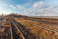 Landscape shot of a peat mining area with rails of a peat railway Royalty Free Stock Photo