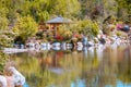 Landscape shot of the pond in the japanese gardens on a sunny spring day in the Frederik Meijer Gardens