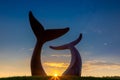 Landscape shot of the Reverence sculpture of two Whale Tails during a beautiful sunset in Vermont