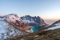 Landscape shot from Ryten towards Kvalvika beach in Lofoten island