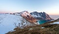 Landscape shot from Ryten towards Kvalvika beach in Lofoten island