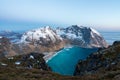 Landscape shot from Ryten towards Kvalvika beach in Lofoten island in Norway