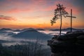 Four castles view, RÃÂ¶tzenfels, a sandstone rock with a cross and a tree. Sunrise, fog, Palatinate Forest, Germany. landscape shot Royalty Free Stock Photo